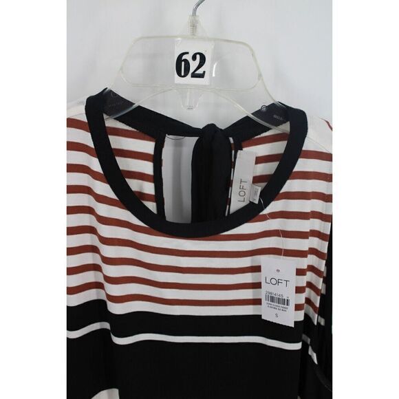 Loft Sleeveless Swing Dress Black Brown Ivory Striped Tie Back Small $70 NWT - Picture 6 of 8